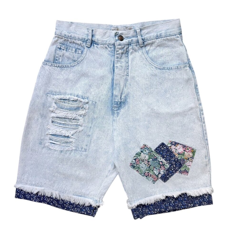 90s Vintage Highwaisted Patch Jean Shorts Grunge Distressed Bleached Floral.